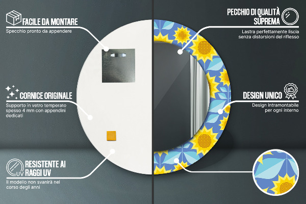 Miroir rond imprimé Tournesols géométriques