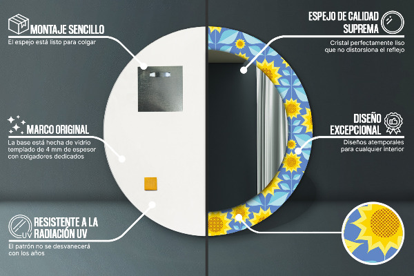Miroir rond imprimé Tournesols géométriques