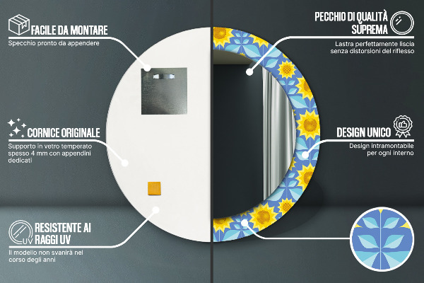 Miroir rond imprimé Tournesols géométriques