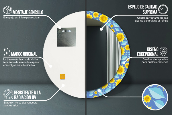 Miroir rond imprimé Tournesols géométriques