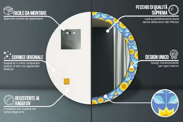 Miroir rond imprimé Tournesols géométriques