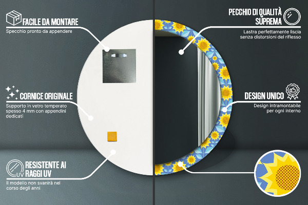 Miroir rond imprimé Tournesols géométriques