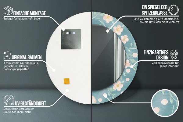 Miroir rond cadre avec impression Motif floral