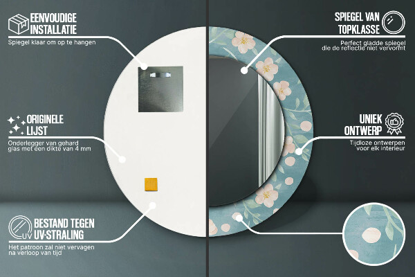 Miroir rond cadre avec impression Motif floral