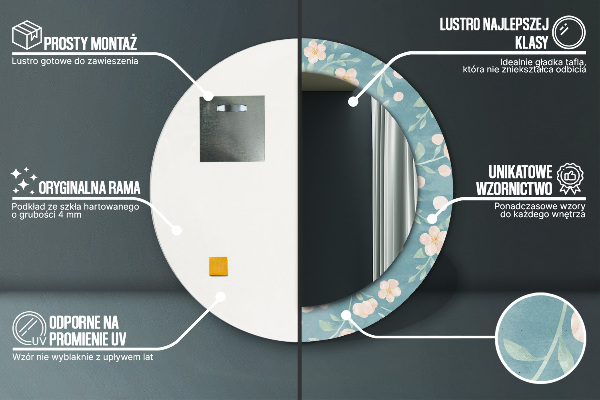 Miroir rond cadre avec impression Motif floral