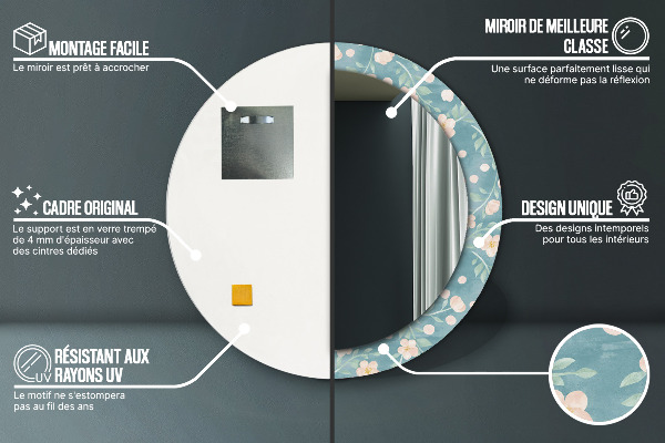 Miroir rond cadre avec impression Motif floral