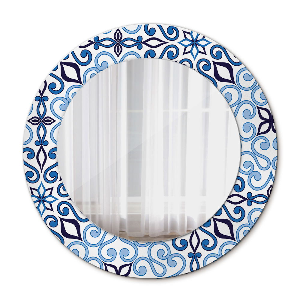 Miroir rond cadre avec impression Motif arabe bleu