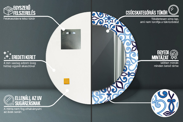 Miroir rond cadre avec impression Motif arabe bleu