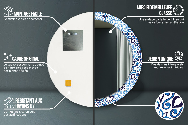 Miroir rond cadre avec impression Motif arabe bleu