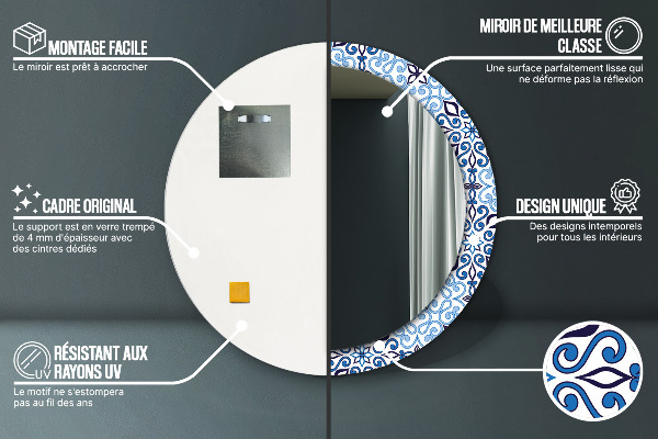 Miroir rond cadre avec impression Motif arabe bleu