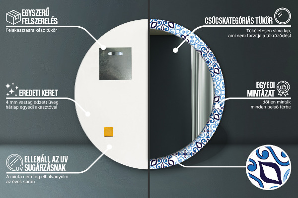 Miroir rond cadre avec impression Motif arabe bleu