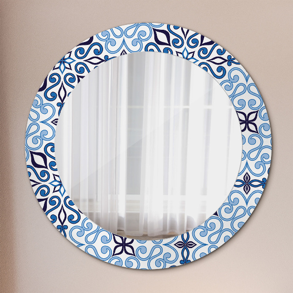 Miroir rond cadre avec impression Motif arabe bleu