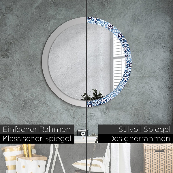 Miroir rond cadre avec impression Motif arabe bleu