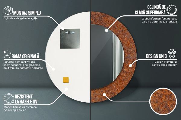 Miroir rond cadre avec impression Métal rouillé