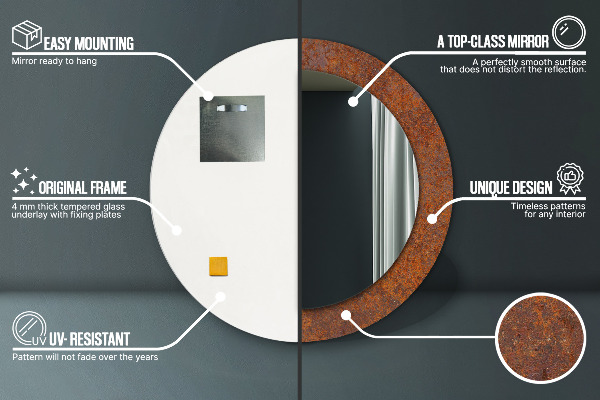 Miroir rond cadre avec impression Métal rouillé