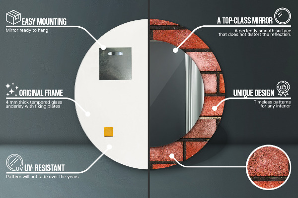 Miroir rond cadre avec impression Brique rouge