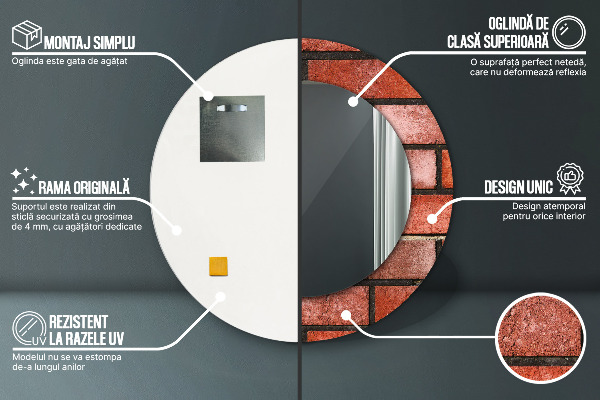 Miroir rond cadre avec impression Brique rouge