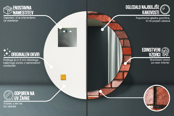 Miroir rond cadre avec impression Brique rouge