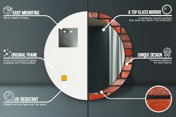 Miroir rond cadre avec impression Brique rouge