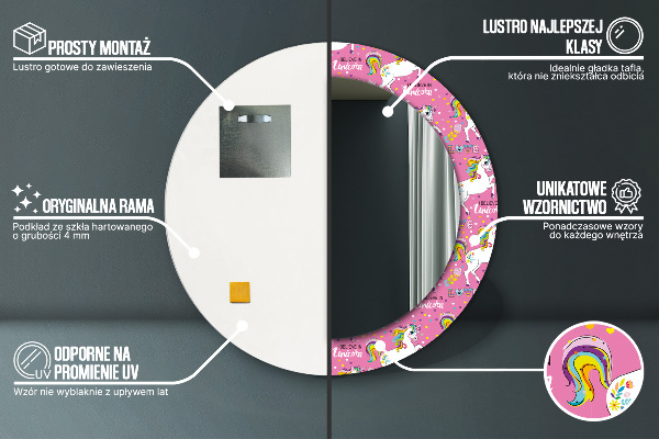 Miroir rond cadre avec impression Licorne magique