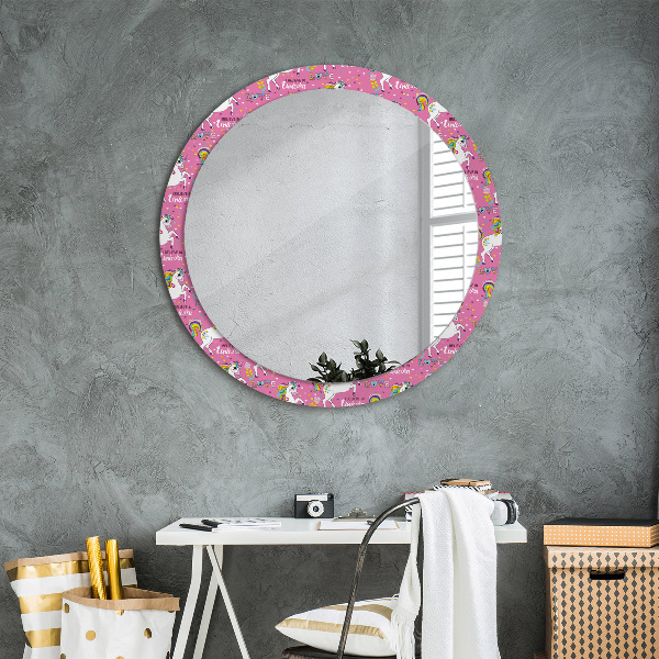 Miroir rond cadre avec impression Licorne magique