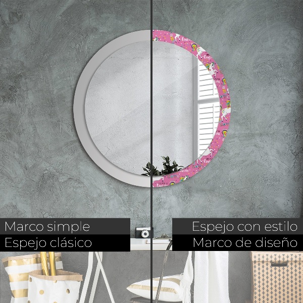Miroir rond cadre avec impression Licorne magique