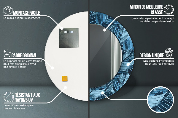 Miroir rond cadre avec impression Feuilles de la jungle