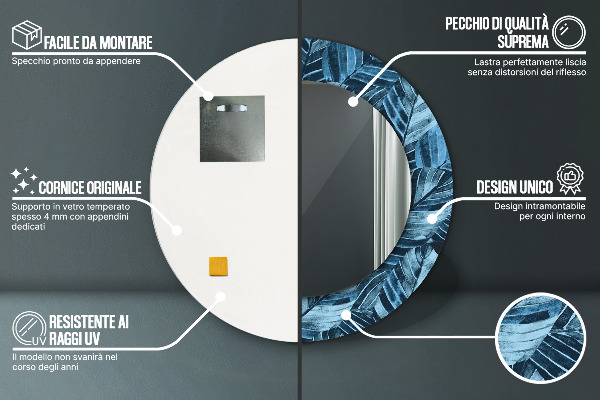 Miroir rond cadre avec impression Feuilles de la jungle