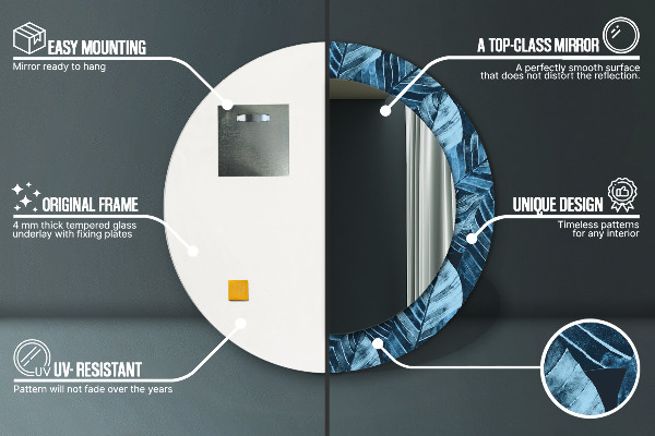 Miroir rond cadre avec impression Feuilles de la jungle