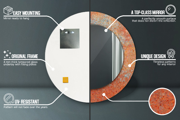 Miroir rond cadre avec impression Métal rouillé