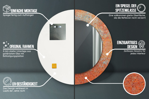 Miroir rond cadre avec impression Métal rouillé