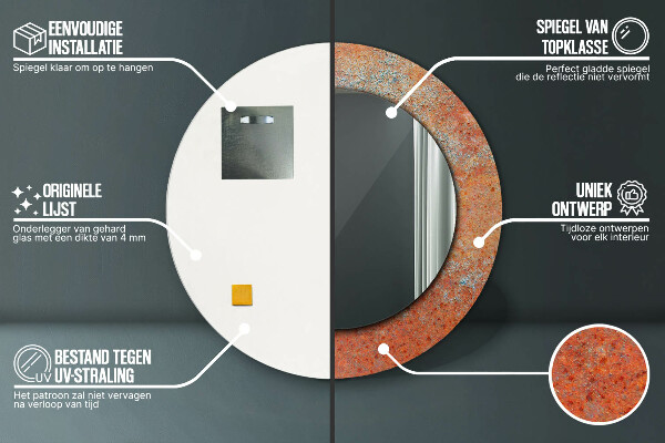 Miroir rond cadre avec impression Métal rouillé