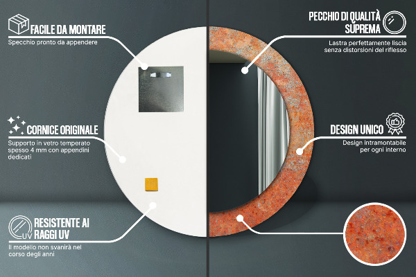 Miroir rond cadre avec impression Métal rouillé