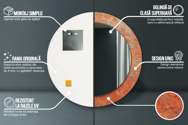 Miroir rond cadre avec impression Métal rouillé