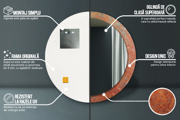 Miroir rond cadre avec impression Métal rouillé