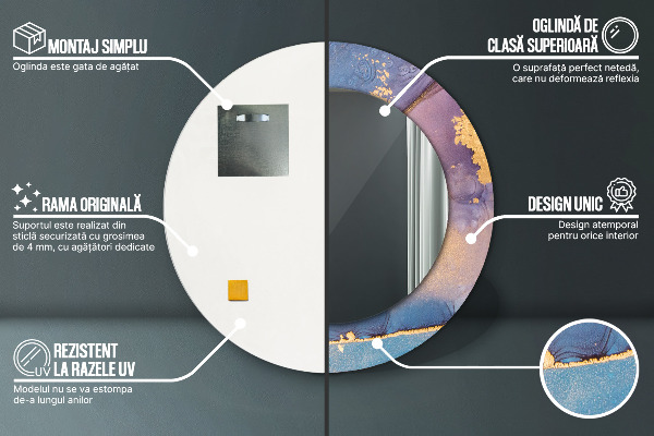 Miroir rond cadre avec impression Pierre de marbre