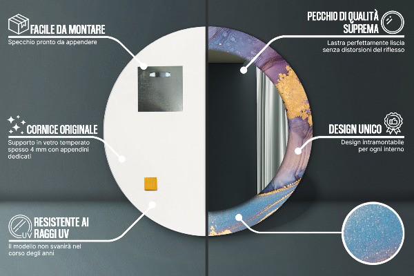 Miroir rond cadre avec impression Pierre de marbre