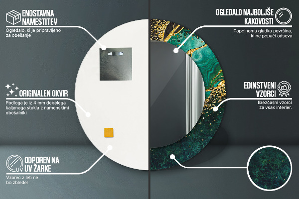 Miroir rond cadre avec impression En marbre vert