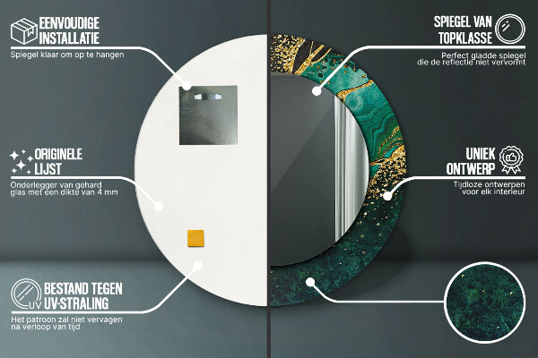 Miroir rond cadre avec impression En marbre vert