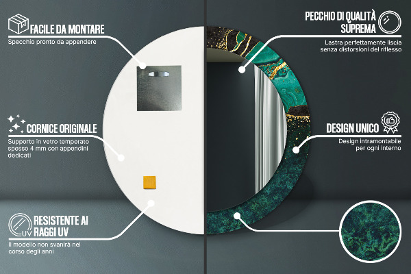 Miroir rond cadre avec impression En marbre vert