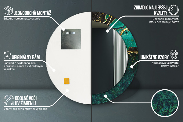 Miroir rond cadre avec impression En marbre vert