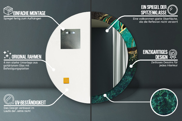 Miroir rond cadre avec impression En marbre vert