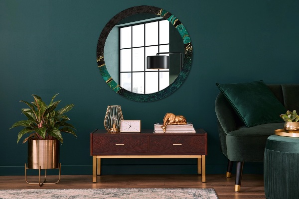 Miroir rond cadre avec impression En marbre vert