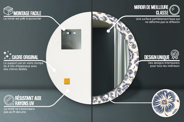Miroir rond cadre avec impression Motif de fleurs