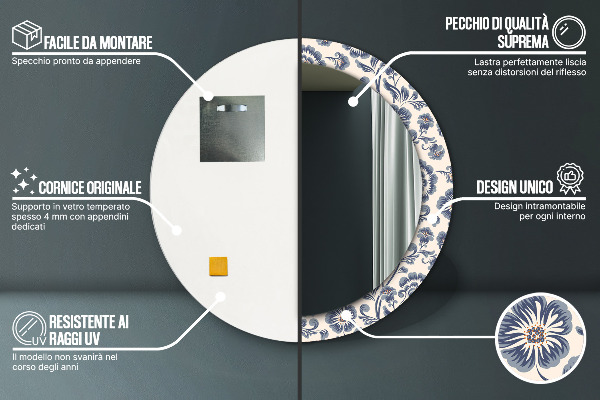 Miroir rond cadre avec impression Motif de fleurs