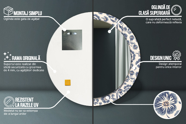 Miroir rond cadre avec impression Motif de fleurs