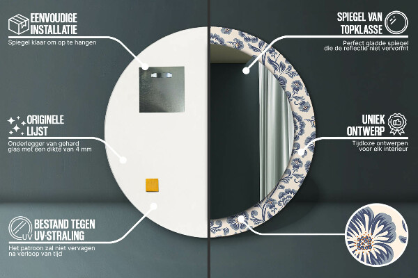 Miroir rond cadre avec impression Motif de fleurs