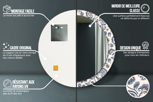 Miroir rond cadre avec impression Motif de fleurs