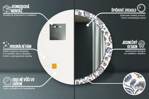 Miroir rond cadre avec impression Motif de fleurs