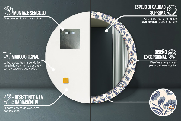 Miroir rond cadre avec impression Motif de fleurs